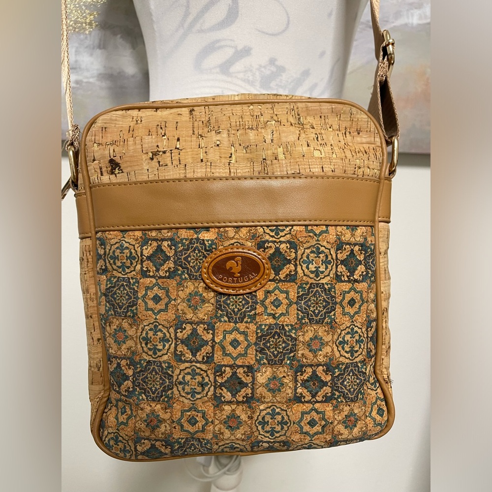 CORK Crossbody Bag from Portugal, camel colors with blue pattern